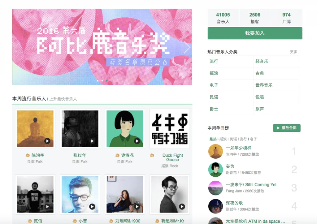 Douban Music section highlighting featured musicians, playlists, and genre categories