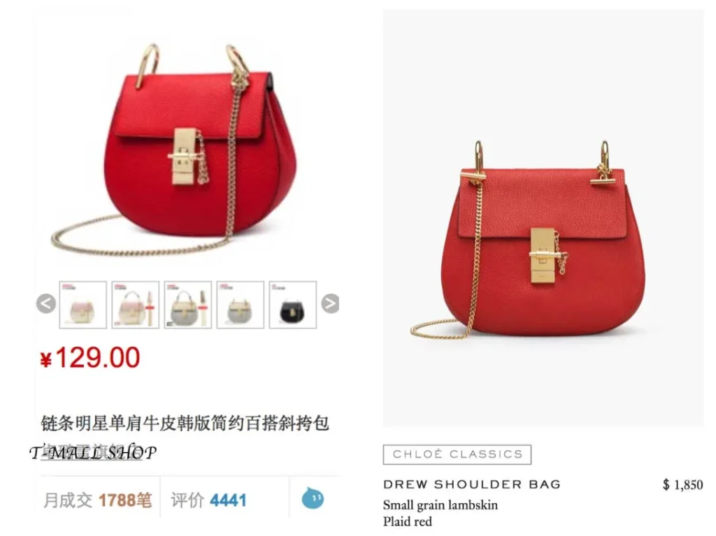 Comparison between low-price replica handbag listing and original Chloe Drew bag