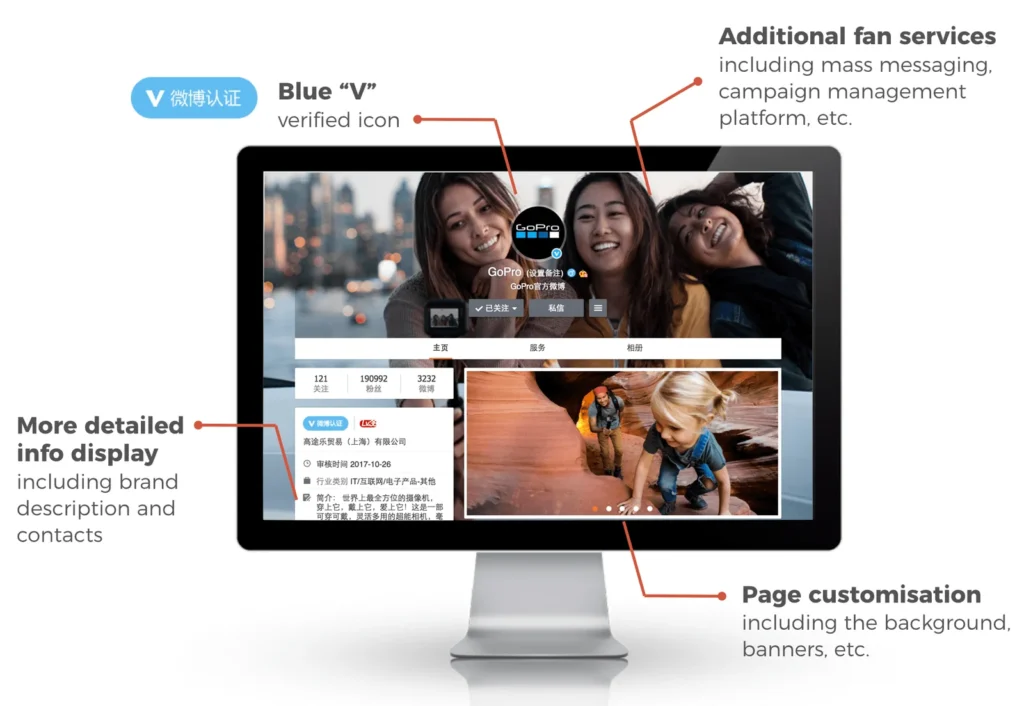Weibo verified brand page interface showing Blue V verification badge, fan services, and customizable profile layout on desktop screen