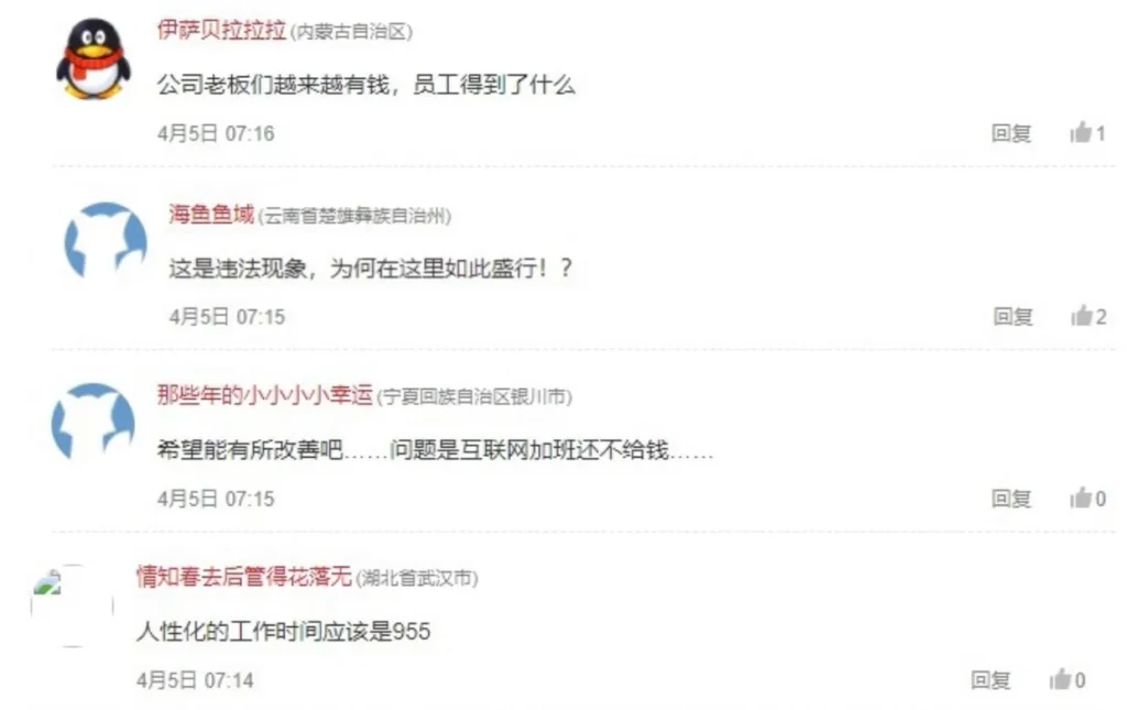 Chinese social media comments discussing overwork culture, employee rights, and dissatisfaction with long working hours