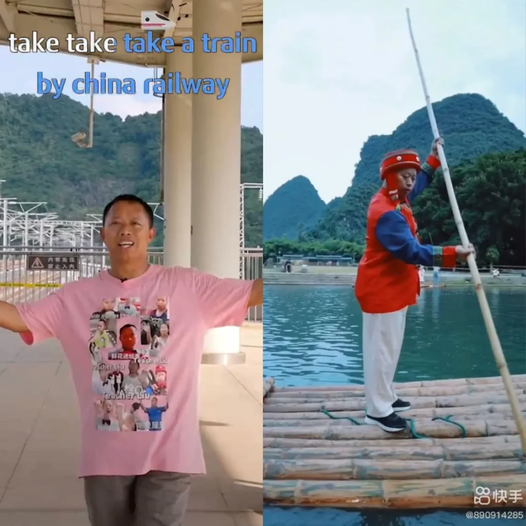 Two screenshots of a Kuaishou video; left shows a man in a pink shirt at a train station, right shows him on a bamboo raft.