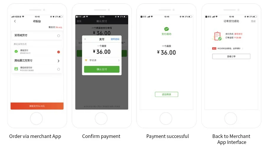 Order and payment process via merchant's app.