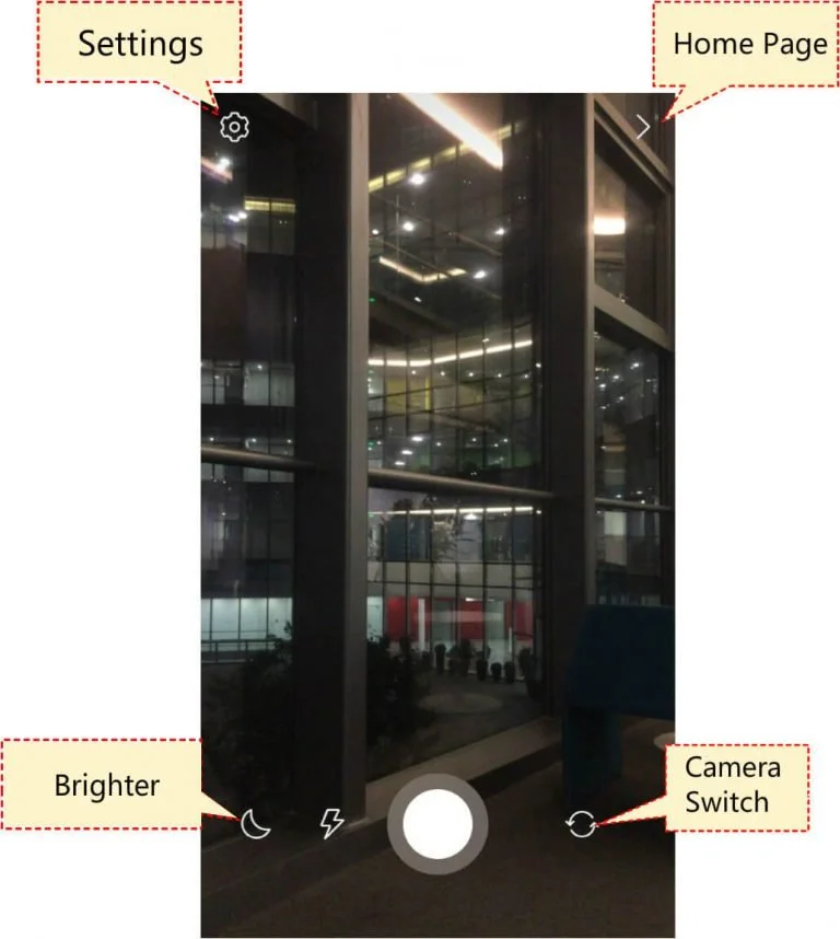 Mobile camera interface screenshot highlighting settings, brightness control, camera switch, and capture button