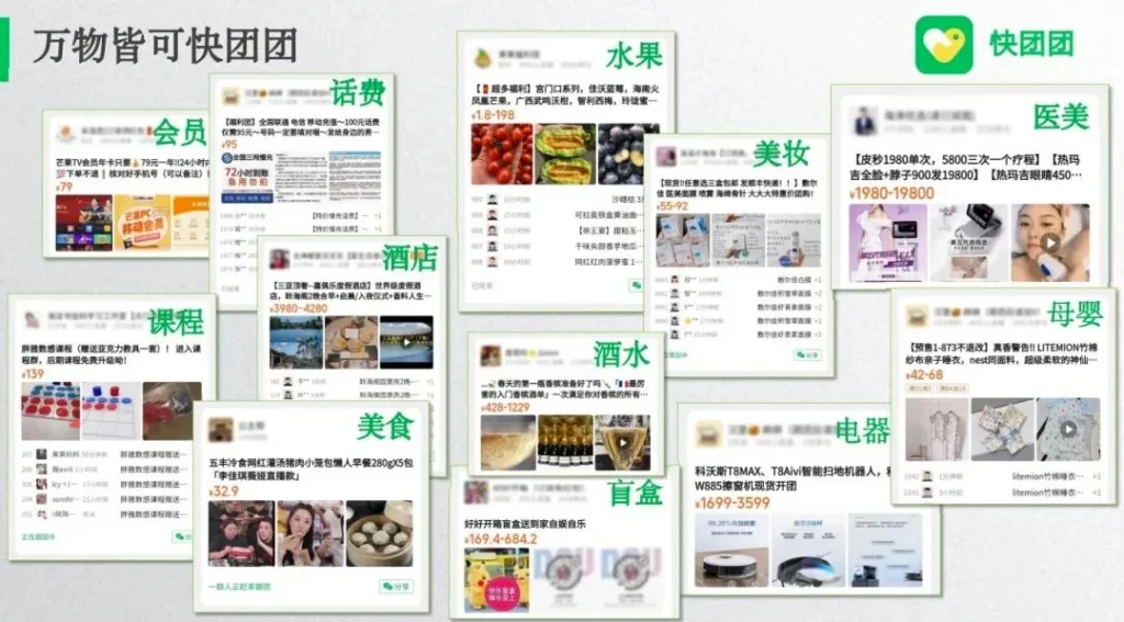 WeChat group buying ecosystem showing multiple product categories like food, hotels, beauty, electronics, and services