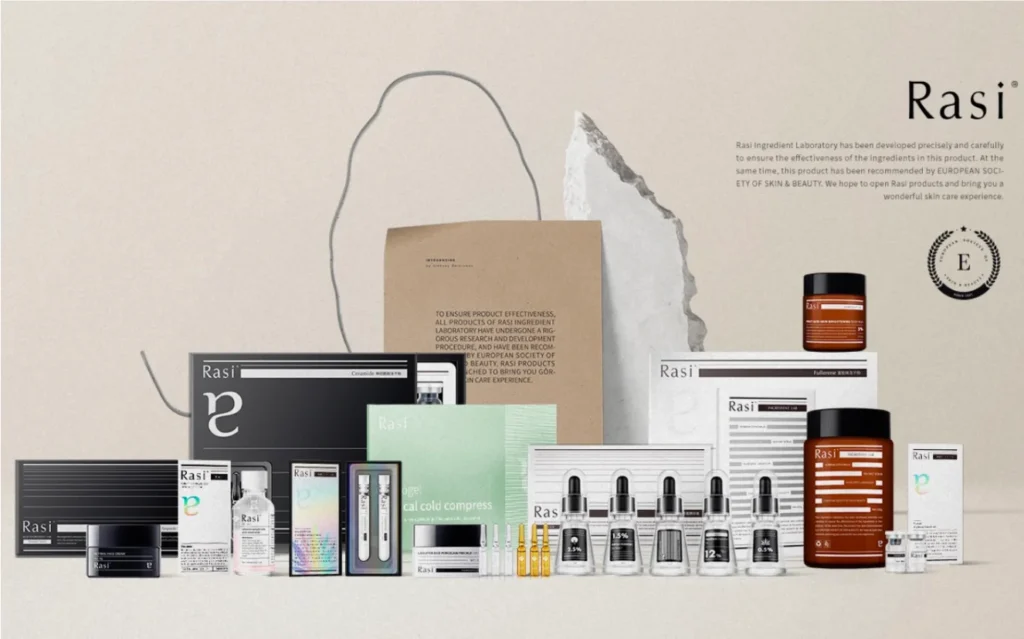 Rasi skincare product lineup displayed with bottles, droppers, jars, and packaging on a neutral studio background