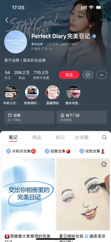 Perfect Diary verified brand profile view highlighting cosmetics content, follower metrics, and illustrated makeup visuals