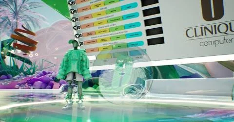 Clinique virtual lab experience showing a digital avatar exploring a gamified skincare environment inside an immersive virtual store.