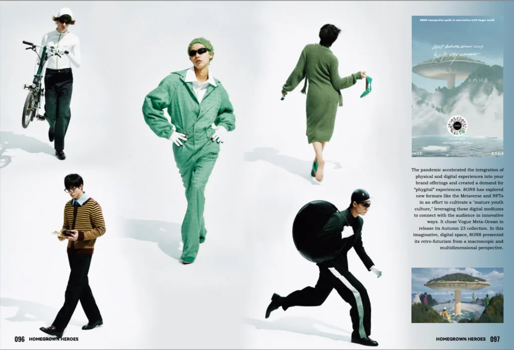 Editorial fashion spread showcasing 8ON8 designs blending contemporary sportswear and tailoring, illustrating phygital aesthetics and digital-forward Chinese fashion.