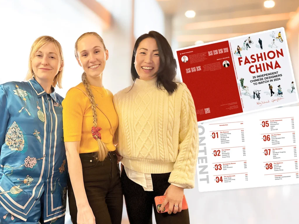 Ashley Dudarenok, Gemma A. Williams, and collaborator pictured alongside the Fashion China: 35 Independent Chinese Designers to Watch in 2024 report.