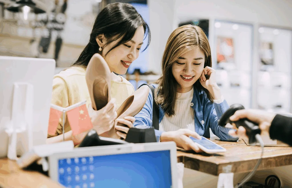 Two shoppers completing a mobile payment at a retail counter showing cashless in-store commerce in China