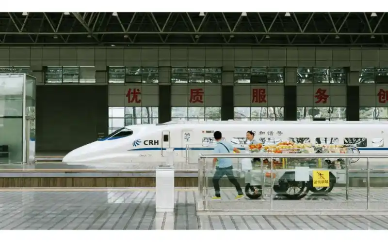High-speed CRH train stopped at Chinese railway station platform with passengers walking nearby
