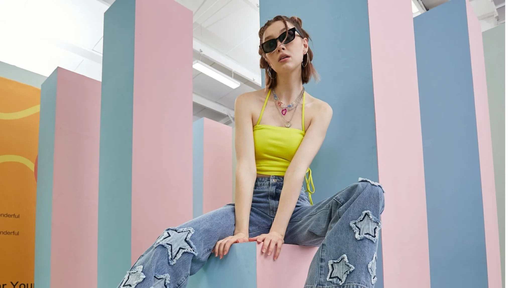 Contemporary fashion styling in immersive art exhibition space