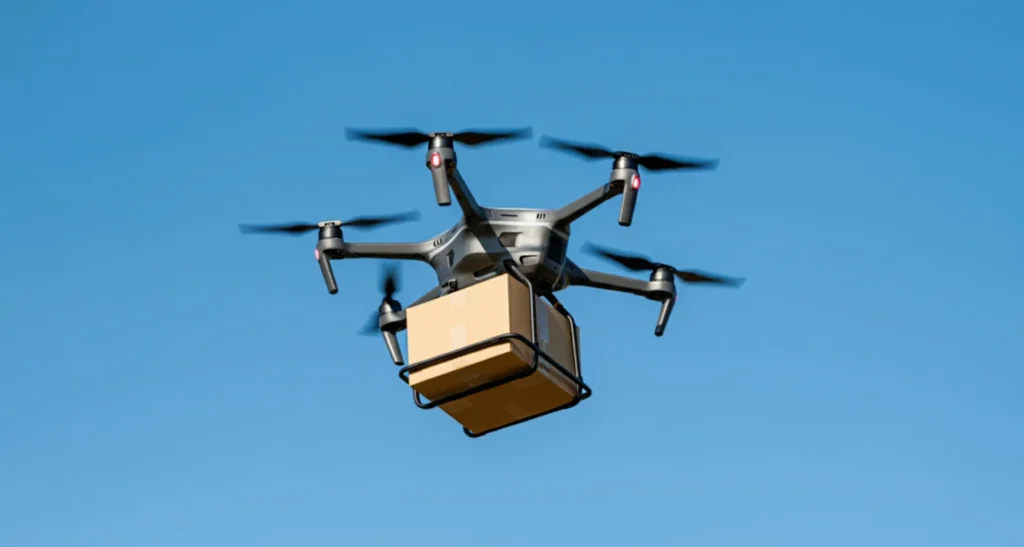 Autonomous delivery drone transporting a package, illustrating AI-powered logistics and last-mile delivery innovation.