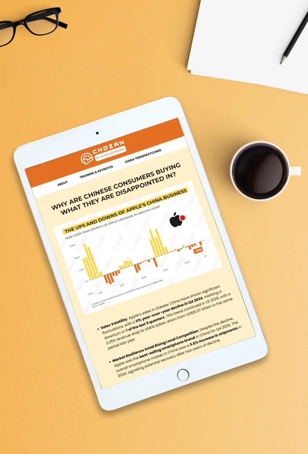 Tablet displaying China consumer trends report beside coffee cup