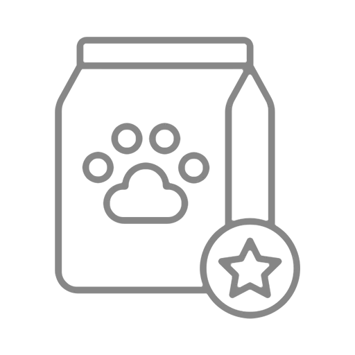 Pet food bag icon with paw print and quality badge