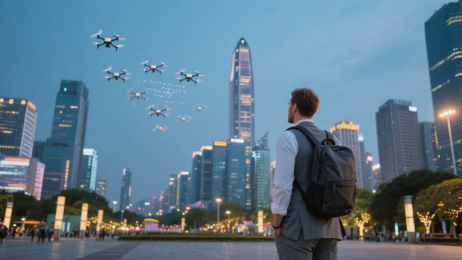 Smart city skyline with autonomous drones in China