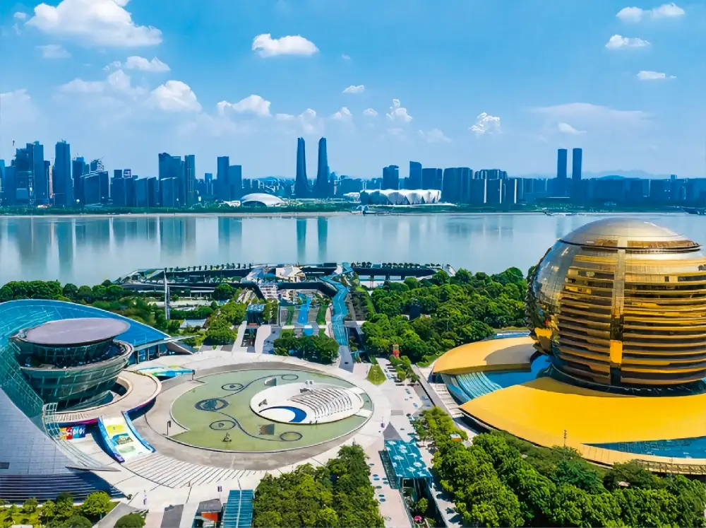 Hangzhou cityscape with riverside cultural complex and modern skyline